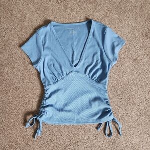 American Eagle Outfitters Light Blue Ruched Short Sleeve Top
